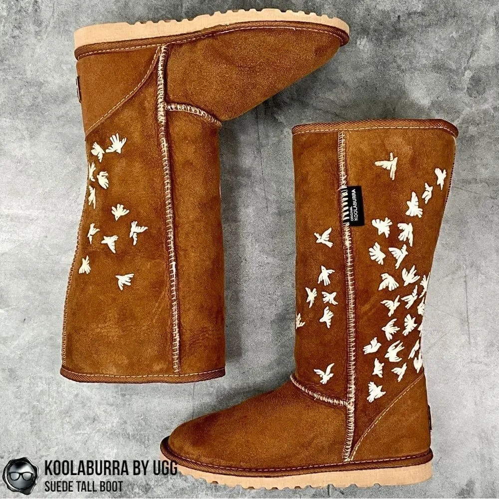 UGG KOOLABURRA PEACE TALL BOOTS CHESTNUT SUEDE SHEEPSKIN FLYING BIRDS DOVE FLOCK